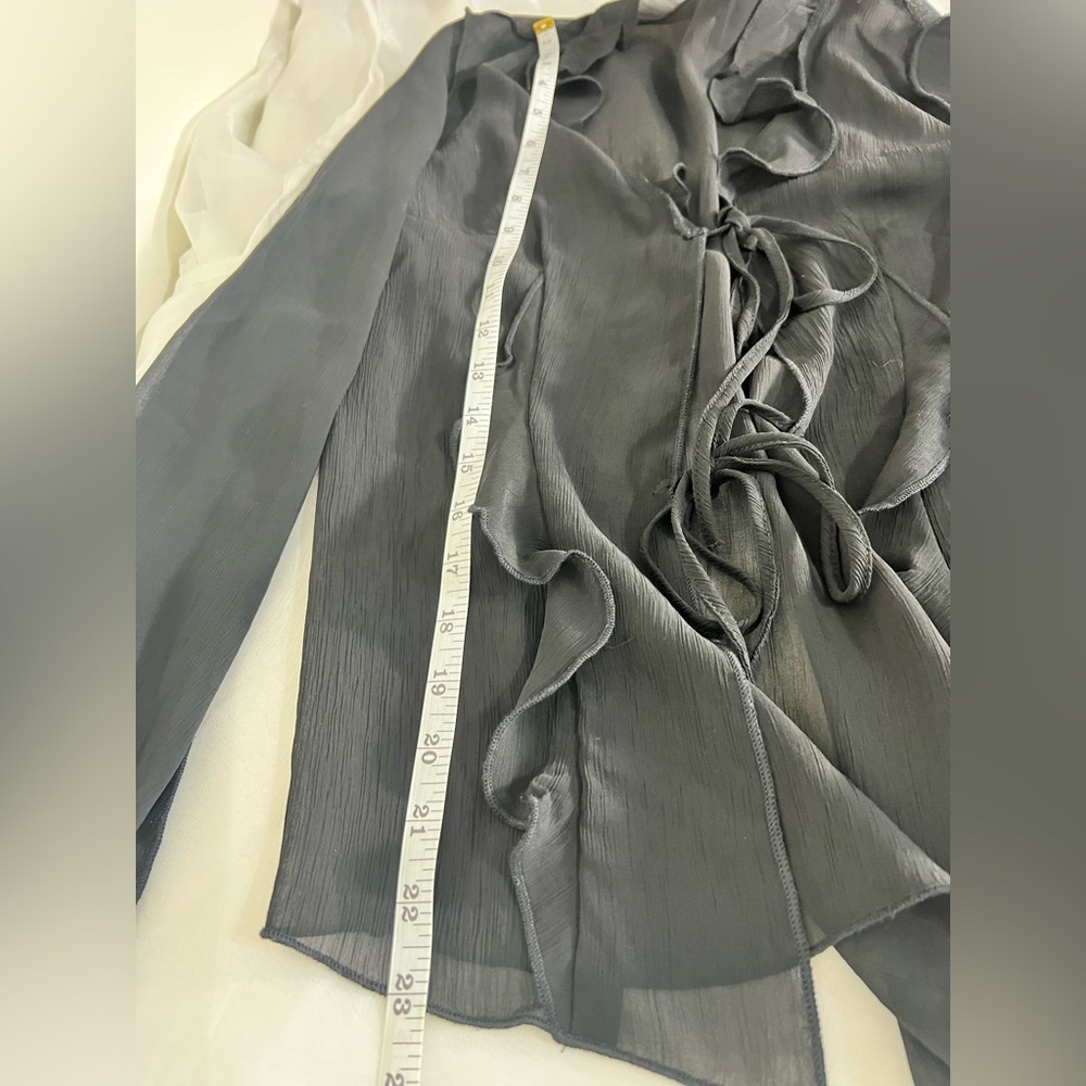 Y2K H And M Divided Sheer Black Ruffle Button Up Tie Front Whimsigoth Top Small - Picture 9 of 12
